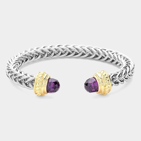 Braided Silver and Gold Bracelet with Amethyst Cabochons - Picture 3 of 3